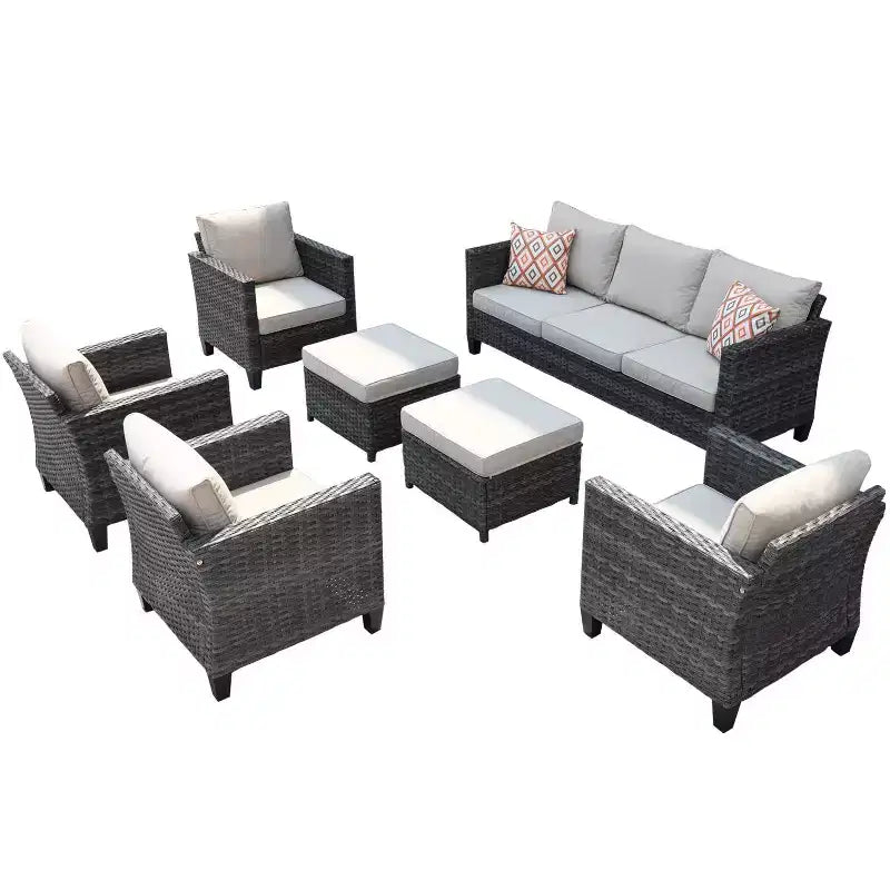 Ovios Tampa 7pc Wicker Outdoor Patio Furniture Conversation Sofa Set with Cushions