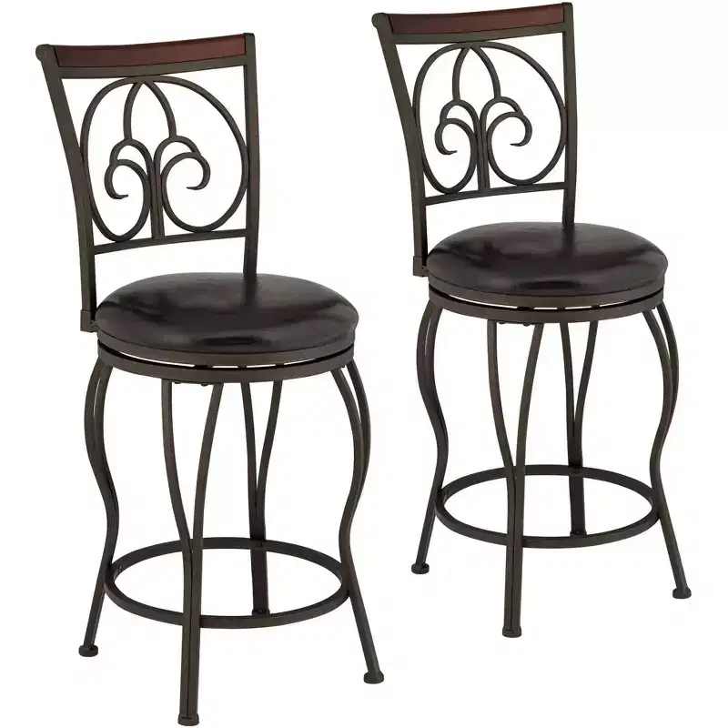 Metal Swivel Bar Stool Brown 24 High Traditional Round Cushion with Backrest Footrest for Kitchen Counter Height