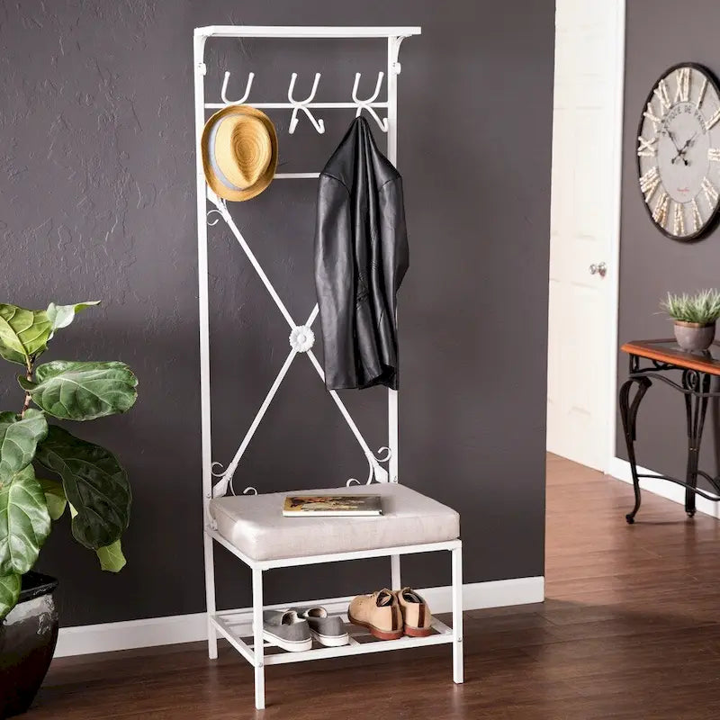 Hall Tree Coat Rack with Cushioned Seat, 12 Hooks, 2 Shelves, Distressed White Iron