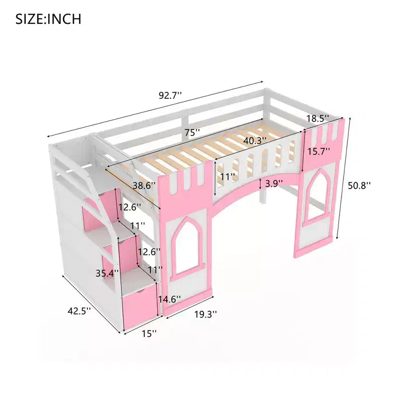 Bellemave Twin Loft Bed with Storage Staircase and Window,Solid Wood Low Loft Bed Frame for Kids