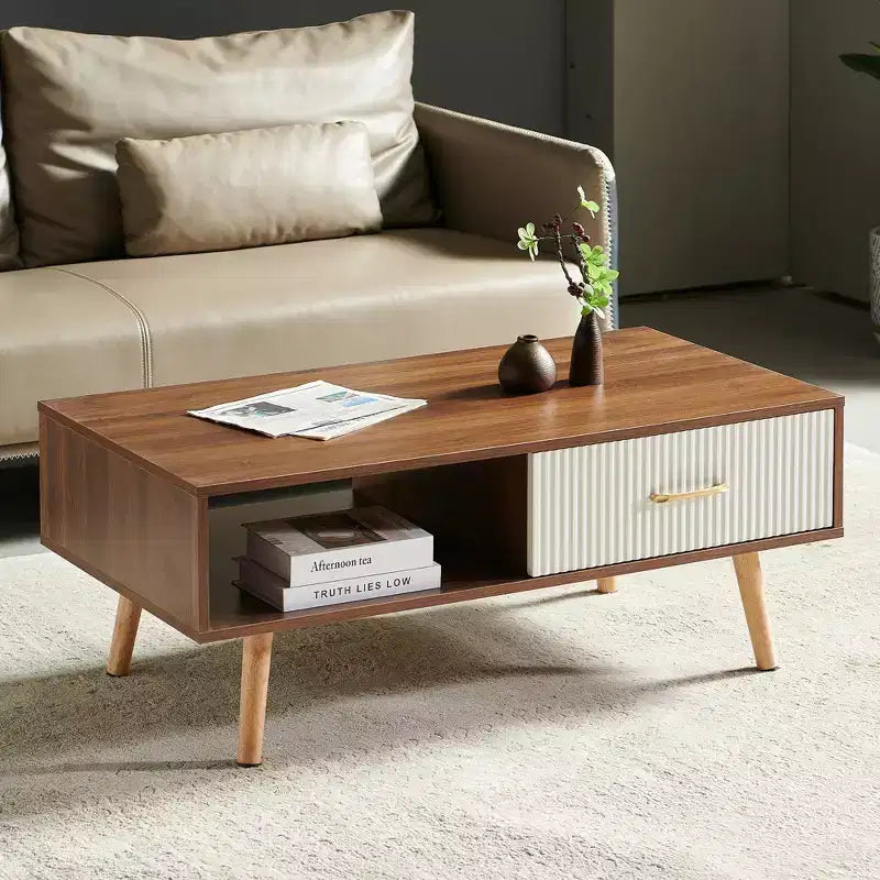 MAYEERTY Rectangle Coffee Table with Solid Wood Legs Sliding Drawer for Storage Modern Table for Living Room