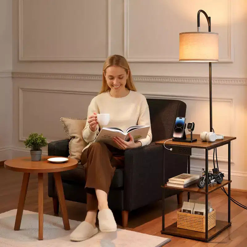 Floor Lamp with Table, Narrow 3-Tier End Table with Open Shelves & 3 Color Temperature Lighting, USB & Type C & AC Charging Port,Brown & Black