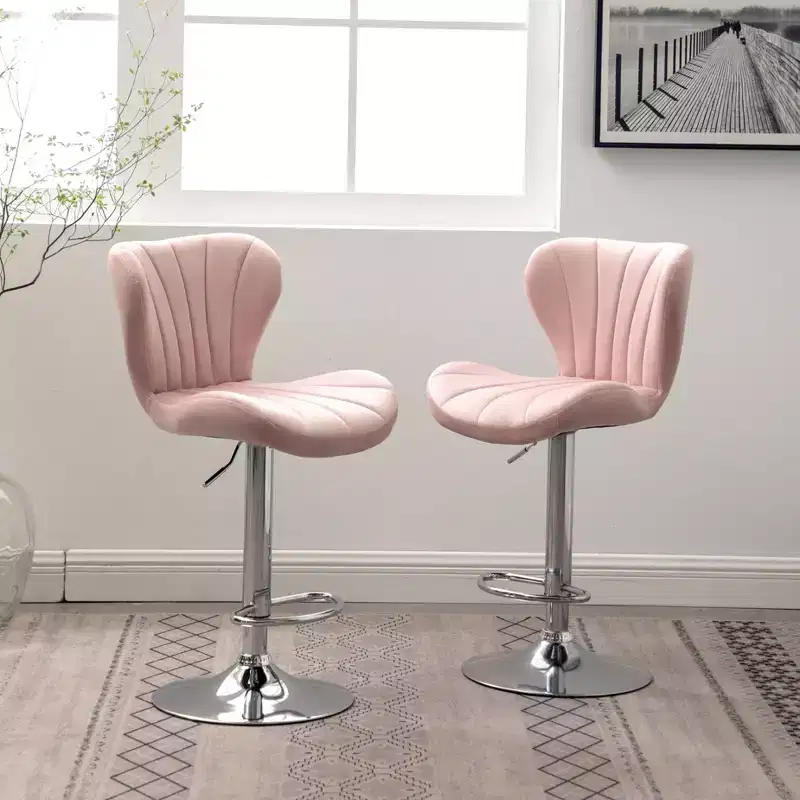 Ellston Upholstered Adjustable Swivel Barstools in Pink, Set of 2