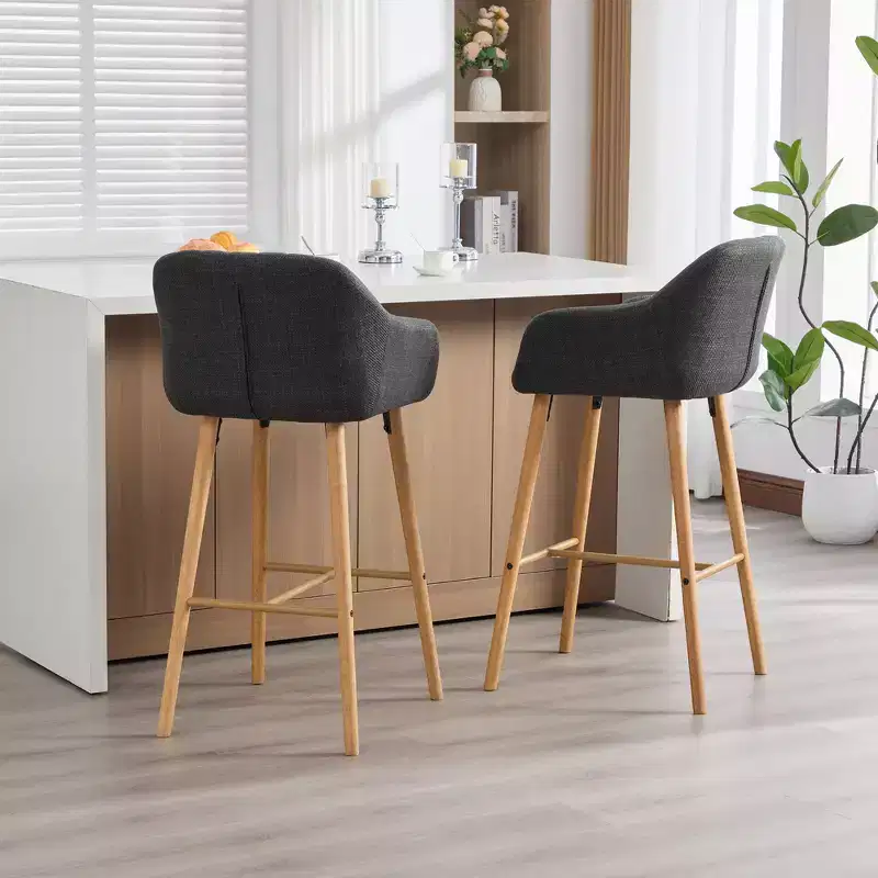 Zeus & Ruta Modern Linen Upholstery Bar Stools Set of 2 with Back, Armrest & Wood Legs, Kitchen Island Height
