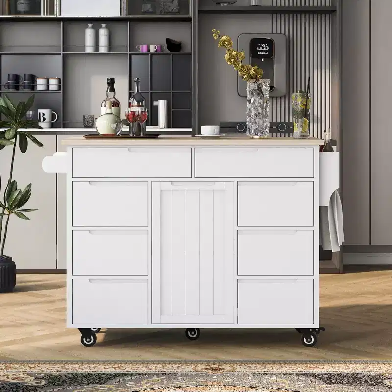 Rolling White Rubber Wood Countertop 53 in. Kitchen Island Cart with 8 Handle-Free Drawers, 5 Wheels