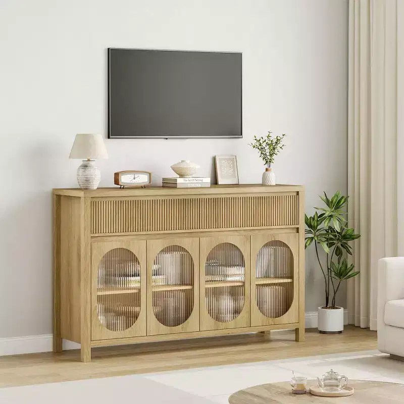 4 Glass Doors Large Sideboard Buffet Cabinet with Storag, Buffet Table Coffee Bar Storage Cabinet