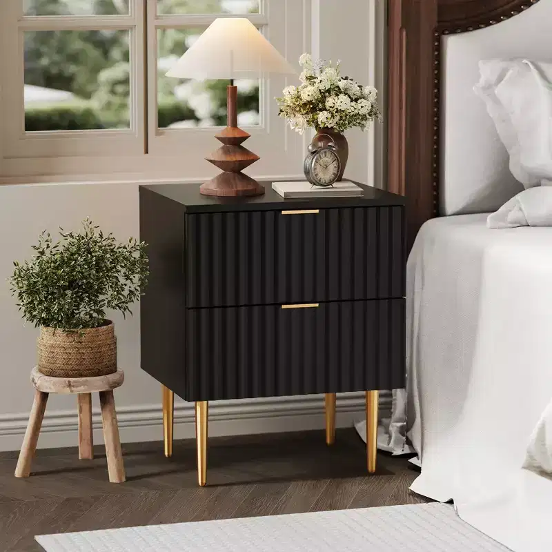 Modern Fluted Nightstand with 2 Drawers, Wooden End Table with Metal Legs, Bedside Table for Small Space, Sofa Side Table for Bedroom