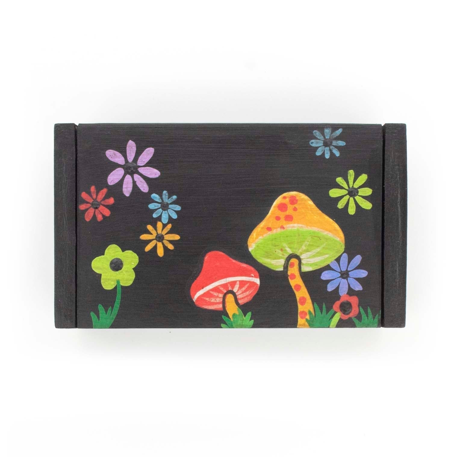 Black Wood Box with Mushroom and Flower Painting