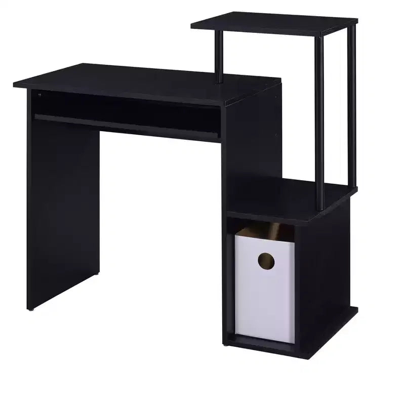 White Wood Writing Desk with Keyboard Tray and Storage Shelf
