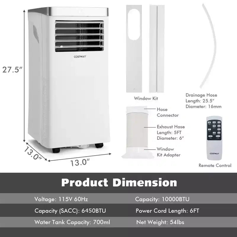 Costway 8000 BTU/10000BTU ASHRAE Portable Air Conditioner 3-in-1 Air Cooler with Remote Control