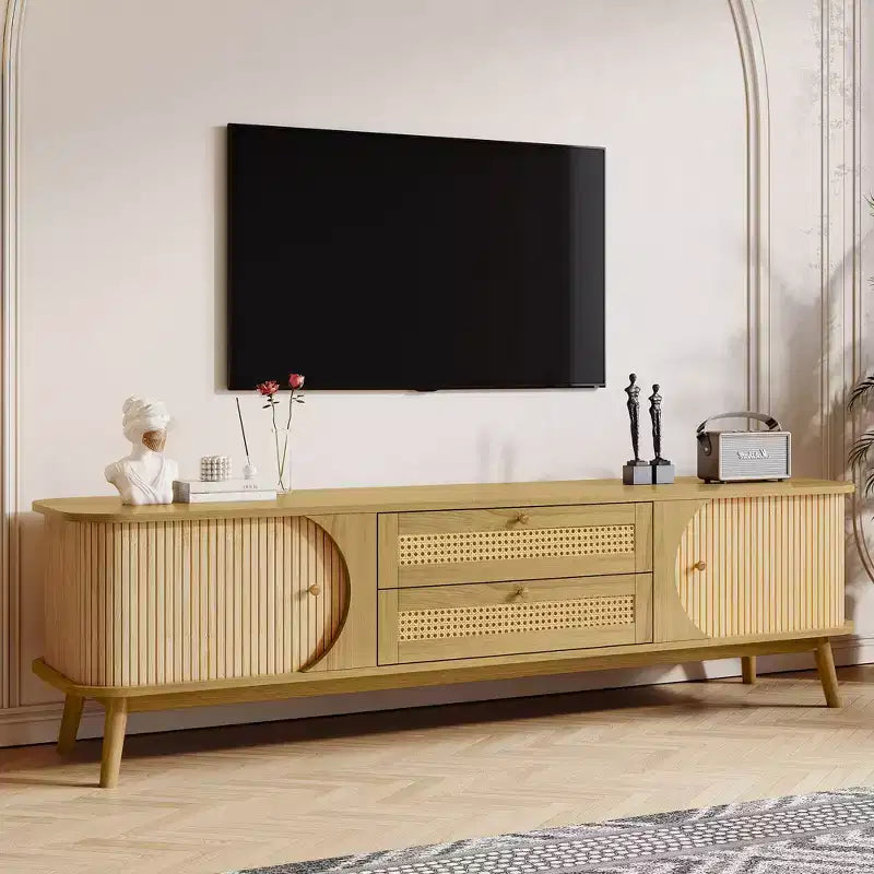 JVNOXKRattan TV Stand for TVs up to 75'', Modern Farmhouse Media Console, Entertainment Center with Solid Wood Legs, TV Cabinet for Living Room