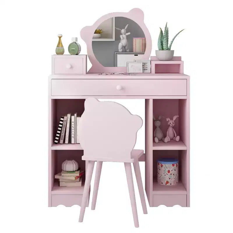Kids Wooden Play Vanity Set with Vanity Table, Mirror, Storage Drawer & Shelves, and Matching Stool, Pink