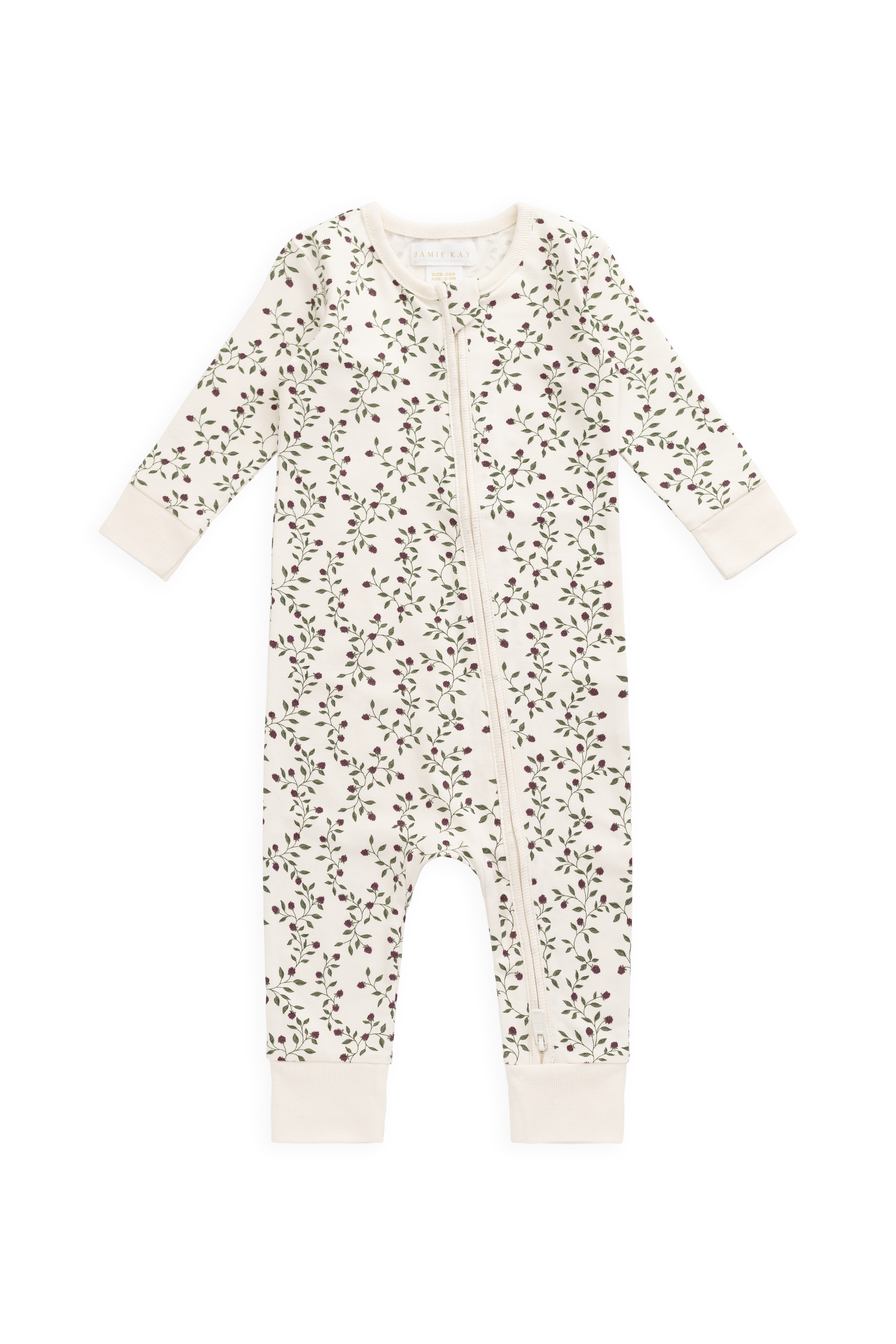 Botanical Cream Mulberry Floral Organic Cotton-Elastane Onepiece with Front Zip & Ribbed Cuffs for Baby Sleep & Play (0�C3Y)