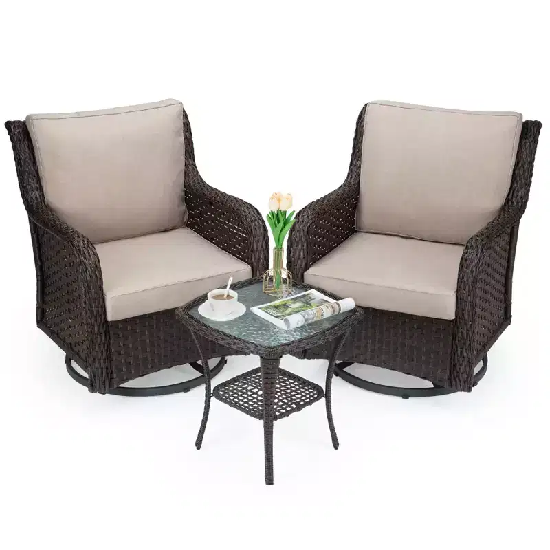 Swivel Wicker Glider Patio Chairs, 360-Degree Swivel Rocking Chair, 4 Thick Cushions and Coffee Table, for Porch, Balcony