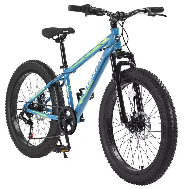 Okak 24IN Fat Tire Bike with Front Suspension, 7-Speed Mountain Bike with Disc Brake and High-Carbon Steel Frame, Trail Bike for Commuting