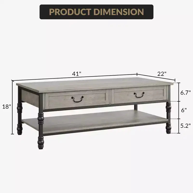 41 inch Coffee Table with 2 Drawers & Open Shelf, Vintage Farmhouse Rectangle Center Table with Storage for Living Room, Easy Assembly & Cleaning