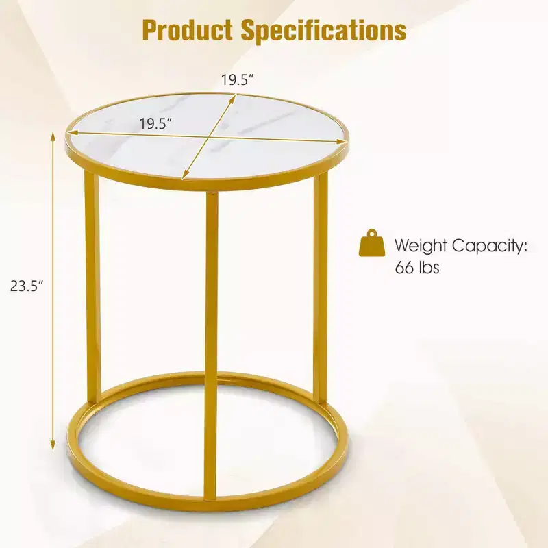 Costway 2PCS Marble Top Round Side Table 19.5x19.5 End Table w/Golden Metal Frame Gold