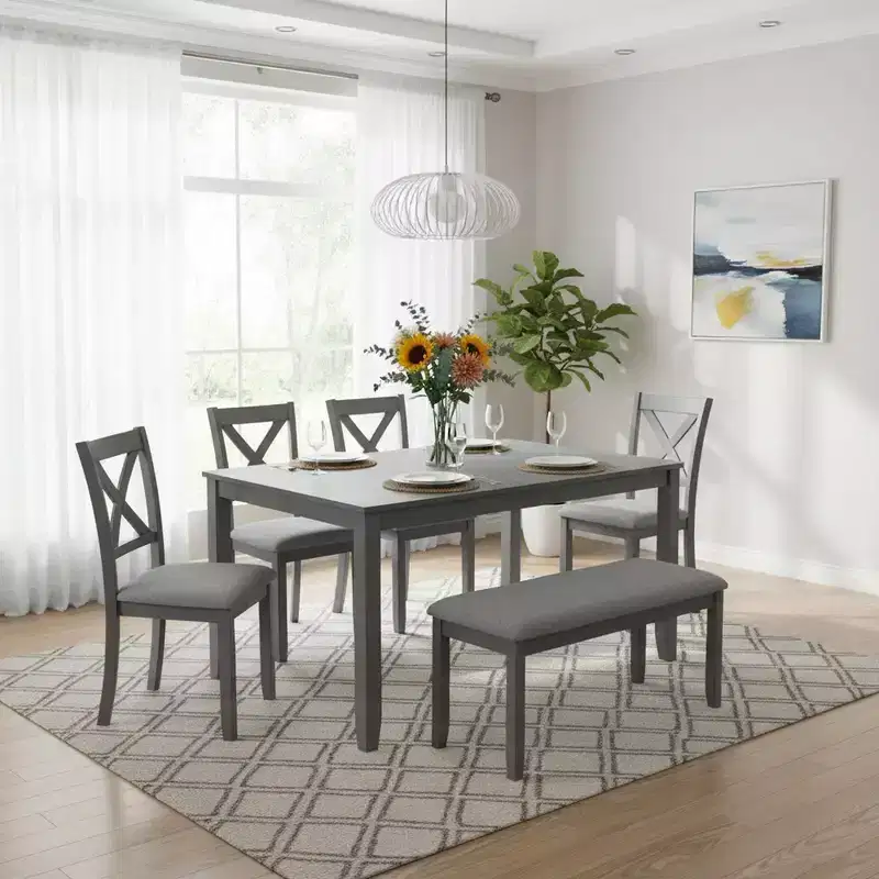 Homy Casa 6-Piece Wooden Dining Table Set with 4 Upholstered Chairs and Bench, Kitchen & Dining Room Furniture, Grey