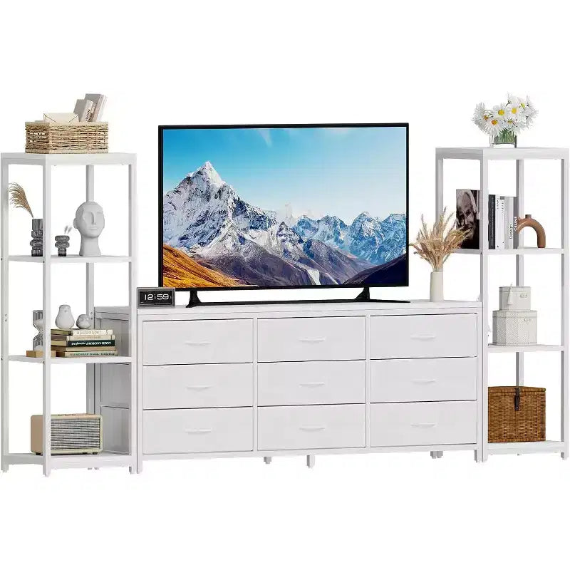 TV Stands Dresser with 9 Fabric Drawers, Large Entertainment Center with 2 Industrial 4-Tier Shelves, Modern TV Console Cabinet for Living Room