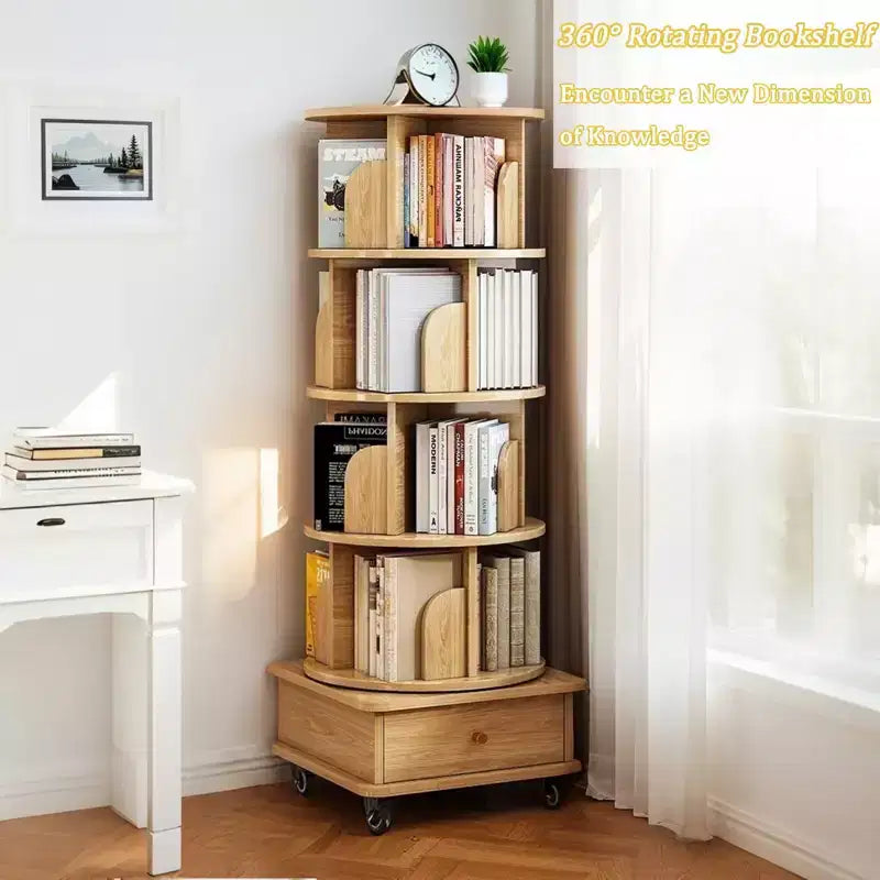 VIYET 56 5-Tier 360 Rotating Bookshelf, Oak MDF Tower w/ Wheels & Drawer (Space-Saving Storage for Home/Office)