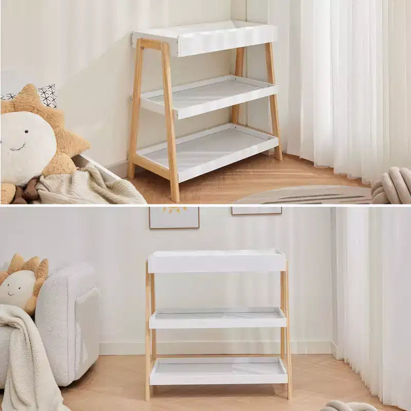 Modern Baby Changing Table with Waterproof Pad & 2 Storage Shelves, Portable Wood Nursery Furniture for Newborns/Infants, Wood+White