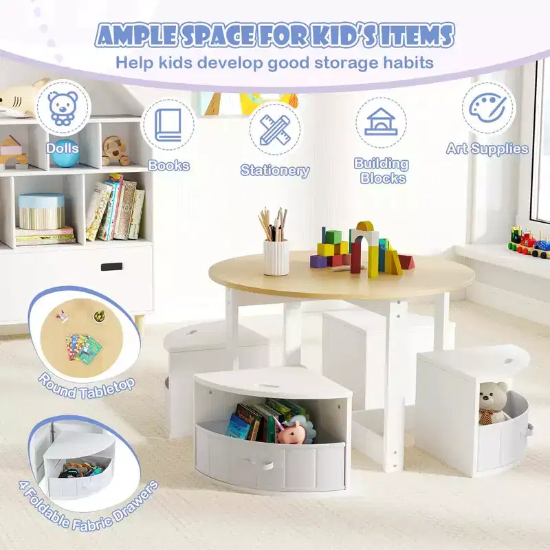 Costway 5 Piece Kids Play Table and Chairs Set Round Nesting Table Toddler Furniture Gray/Natural