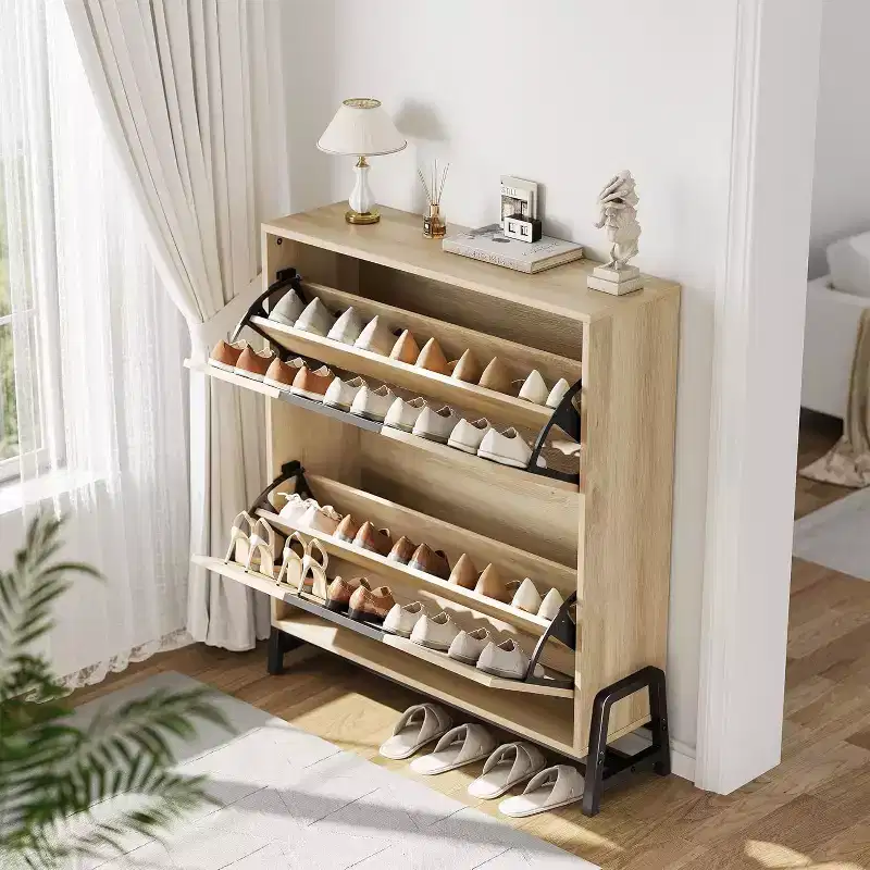 Acekool Oak Shoe Cabinet - 2 Flip-Drawer Storage Organizer with Metal Legs for Entryway & Hallway
