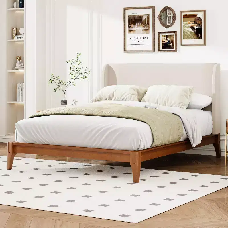 King/Queen Size Platform Bed, Solid Dry Bamboo Wood Bed Frame with Upholstered High Headboard, Easy Assembly -ModernLuxe
