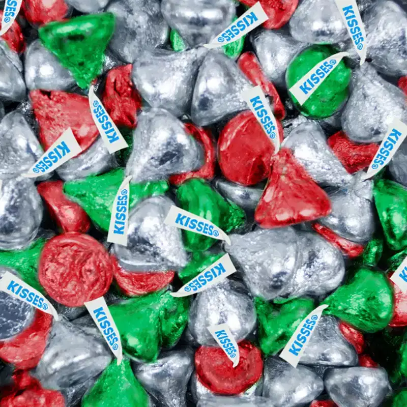 Holiday Party Chocolate Candy Mix Assorted Miniatures & Red, Green And Silver Kisses - Merry Christmas