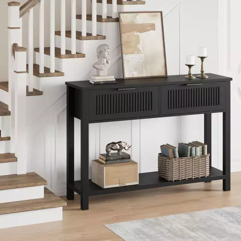 COZONY 43 Fluted Console Table with Burlywood 2 Drawers, 2-Tier Wooden Entryway Sofa Table