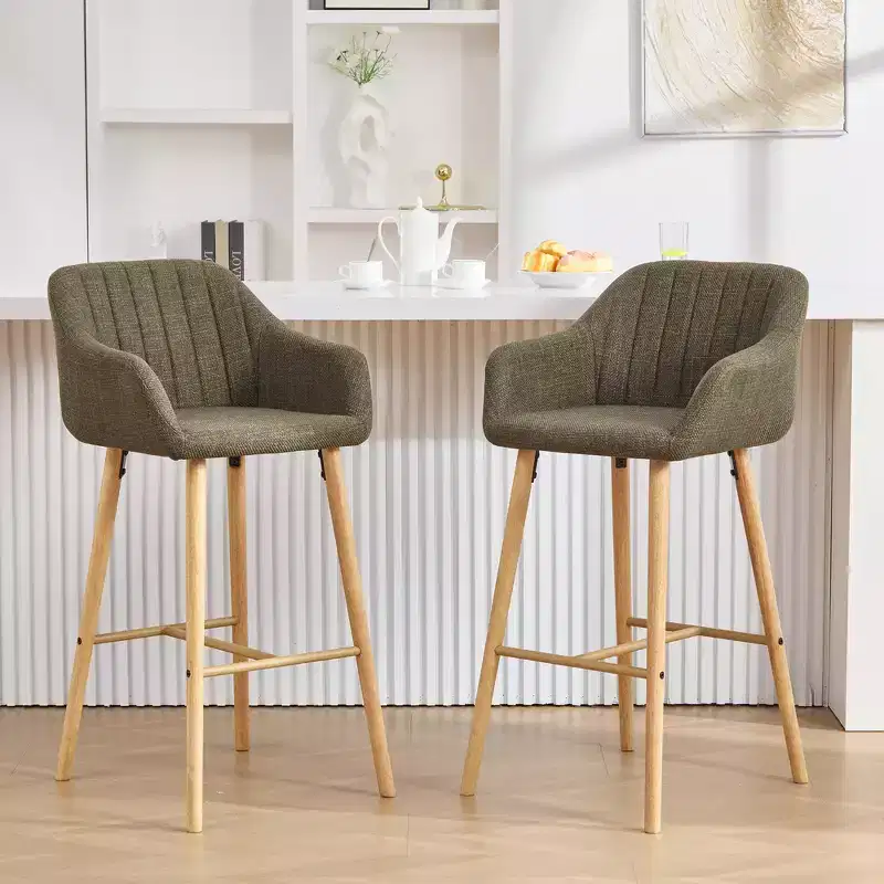 Zeus & Ruta Modern Linen Upholstery Bar Stools Set of 2 with Back, Armrest & Wood Legs, Kitchen Island Height
