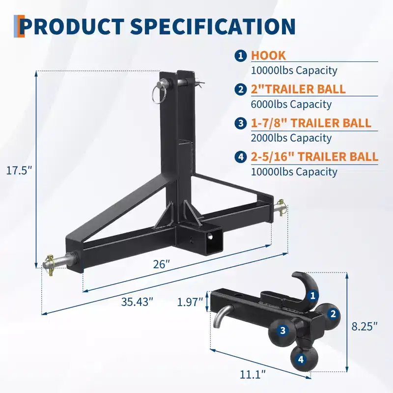 COZONY 3 Point Trailer Hitch, 2Inch Receiver 10,000 lbs Capacity for Category 1 Tractors (Kubota Kioti Yanmar)
