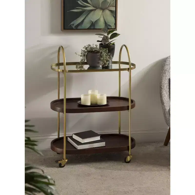 Kate and Laurel Maxfield Oval Wood Bar Cart, 26x13x36, Walnut Brown and Gold