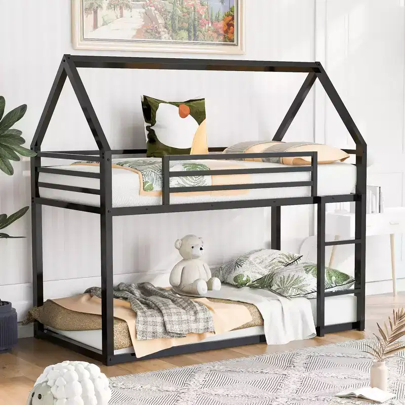 Bellemave Metal House Bunk Bed, Twin Over Twin/Twin Over Full Option, With Slide & Ladder, Guardrails, Playhouse Style Frame for Kids, Boys & Girls