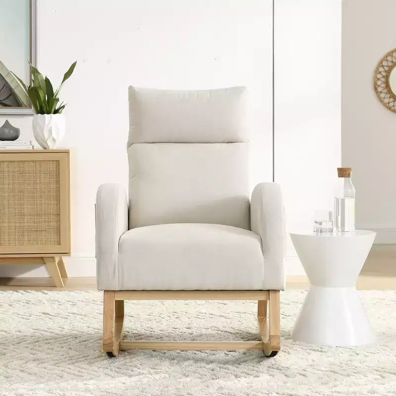 Modern Nursery Rocking Chair, Upholstered Glider Rocker with Side Pocket, Teddy Fabric Accent Armchair, Comfy Reading Chair for Living Room Bedroom