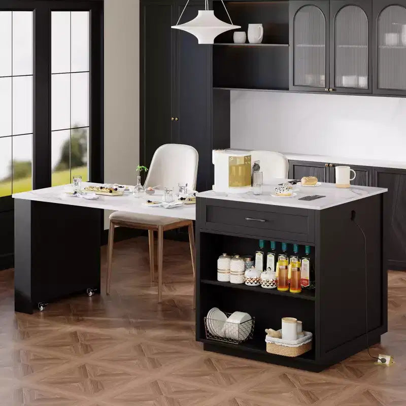 82.7 inch White Kitchen Island with Extendable Dining Table for 4-6 Person,Two-tone Kitchen Table with Double-sized Storage