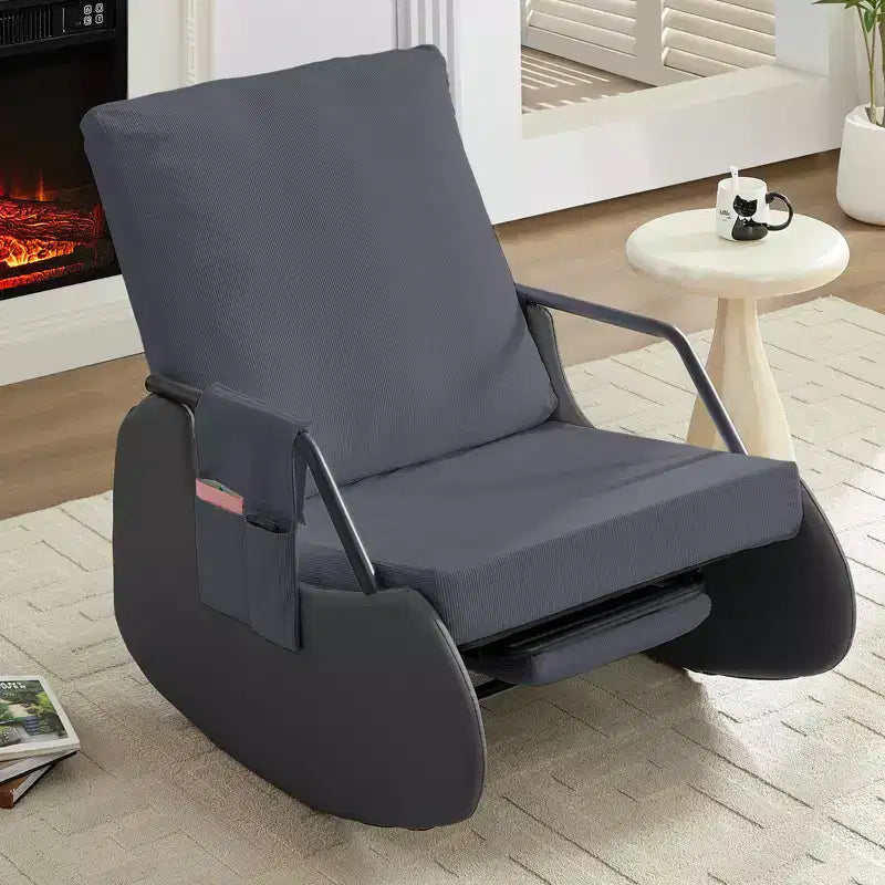 Mjkone Upholstered Corduroy Rocking Chair with Wooden Legs Wrapped in Leather&Adjustable Footrest