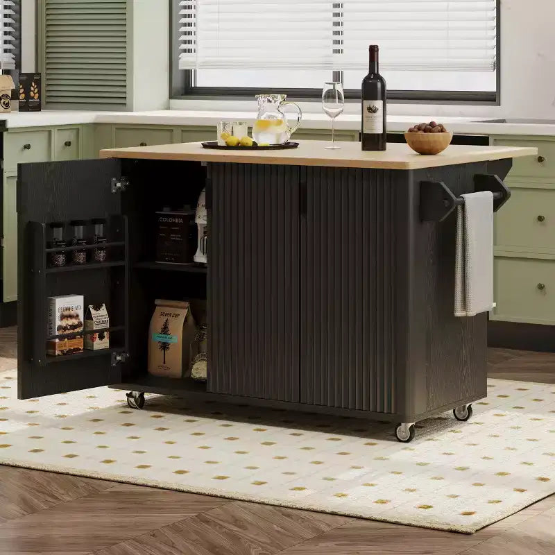 Rolling Solid Wood Kitchen Island with Rubberwood Top, 3 Drawers, 2 Cabinets, Adjustable Shelves, Spice Rack & Locking Wheels  Painted Finish