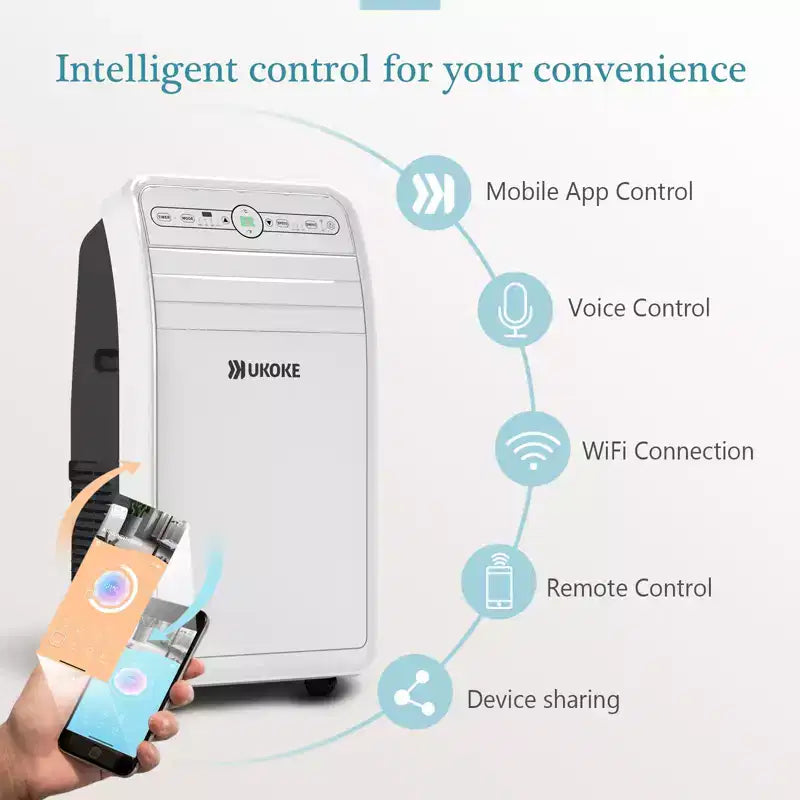 Ukoke USPC01W Smart WiFi Portable AC, 12,000 BTU, App & Remote Control, 4-in-1 Cool/Heat/Dehumidifier/Fan, for Rooms up to 400 Sq. Ft, White