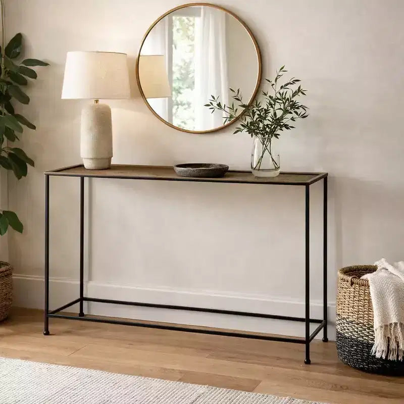 Royal Hampton 48 Inch Console Sofa Table, Artisanal Hammered Antique Bronze Tray Top, Industrial Black Iron Frame