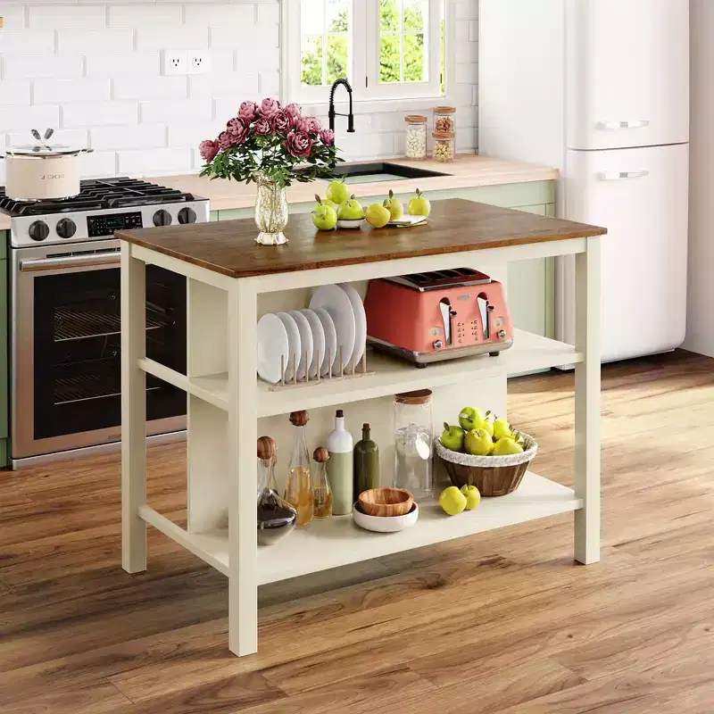 Rustic Kitchen Island with Rubberwood Top and 2 Open Shelves