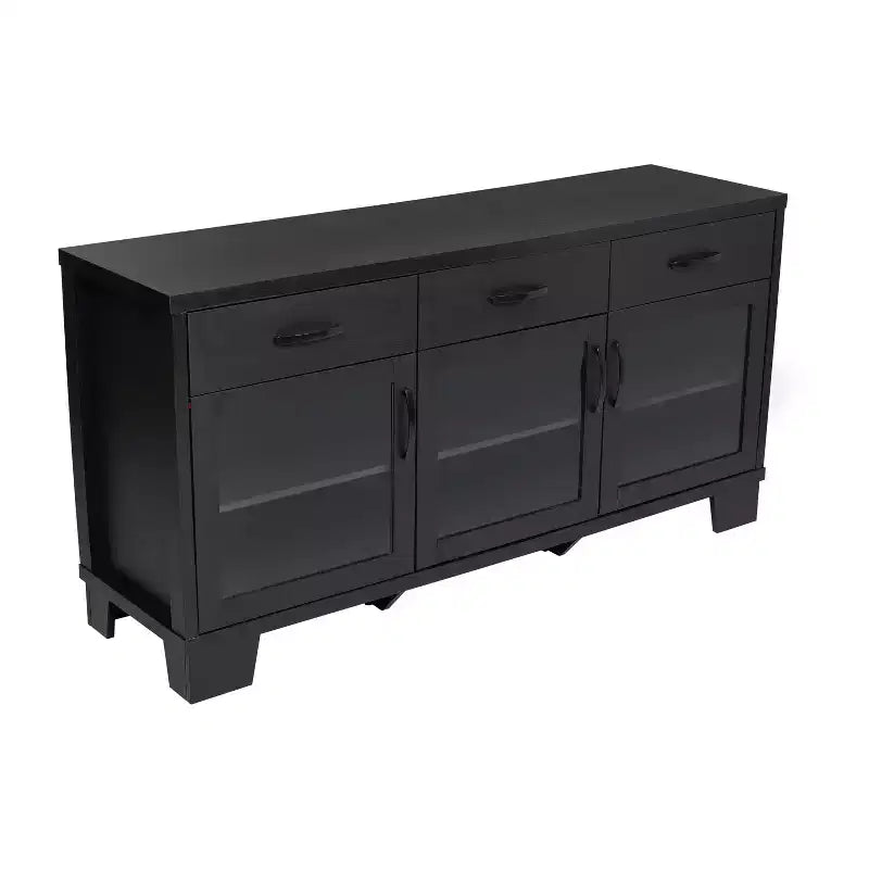 Flash Furniture Wells Modern Kitchen and Dining Room Buffet Sideboard Storage Cabinet, Engineered Wood with 3 Tempered Glass Doors and 3 Drawers
