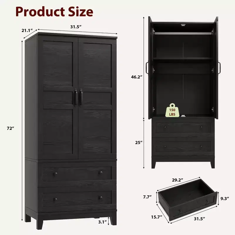 Wooden Armoire Wardrobe Cabinet with Doors, Adjustable Shelves and Hanging Rod, Tall Clothing Storage Closet for Bedroom Organization and Essentials
