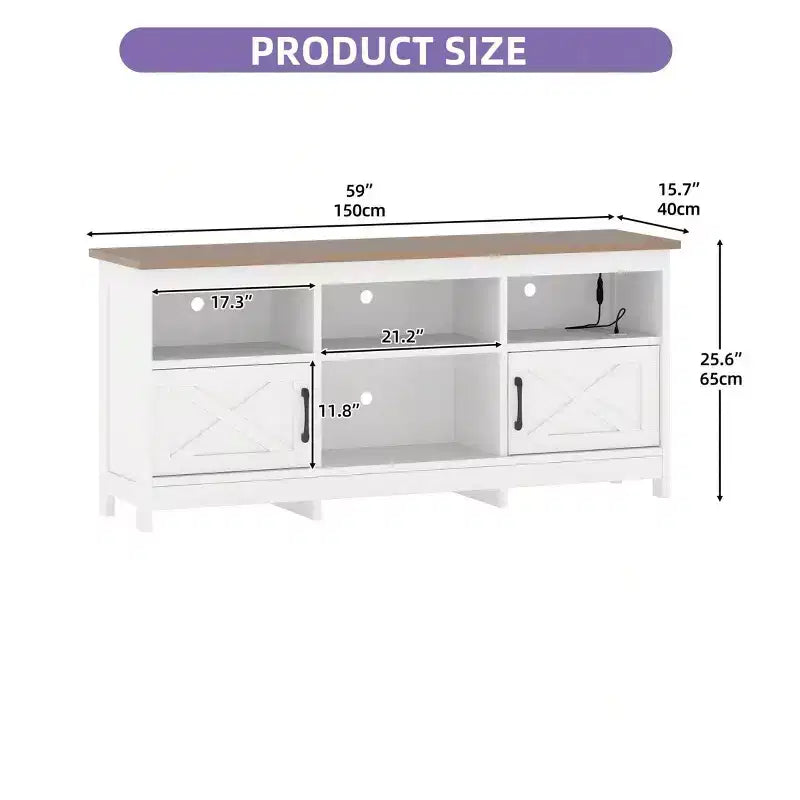 Farmhouse TV Stand for 65 Inch TVs, LED Entertainment Center with Cabinets, Power Outlet, Media Console for Living Room,White & Walnut