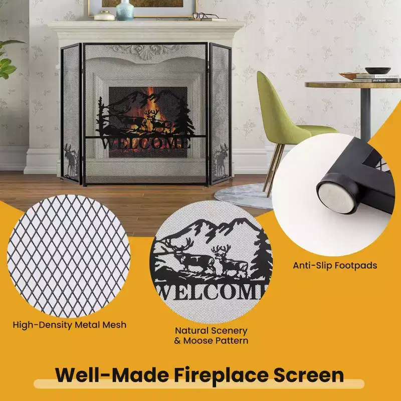 Costway 52 x 31 In Fireplace Screen 3-Panel Spark Guard with Natural Scenery, Moose Pattern