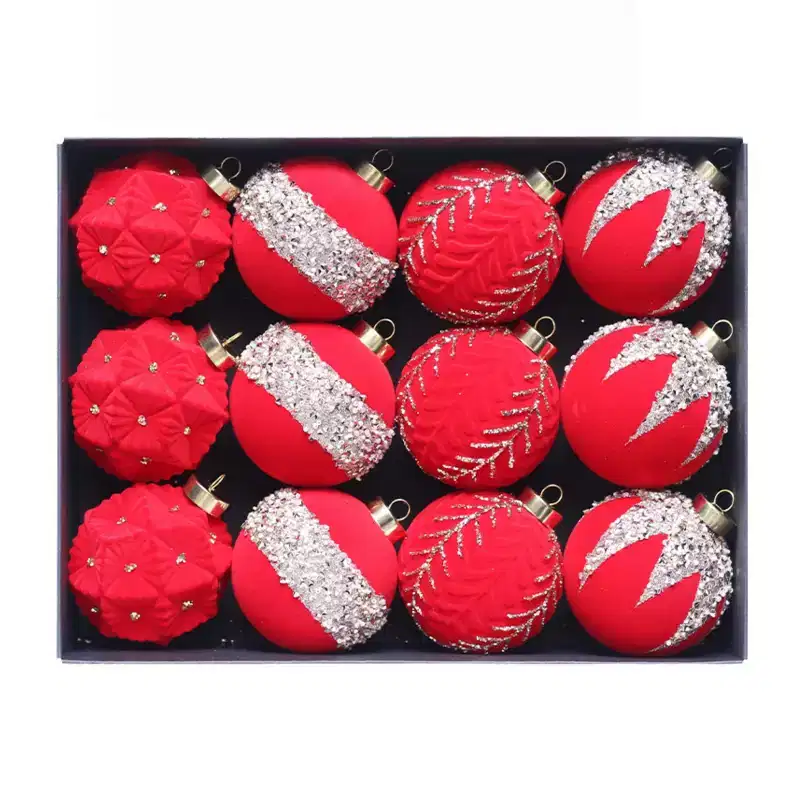 12ct Christmas Balls Ornaments Decor Set, Flock Painted Xmas Balls Hanging Tree Ornaments for Christmas Tree Wreath Garland, Red White, 3.15in/8cm