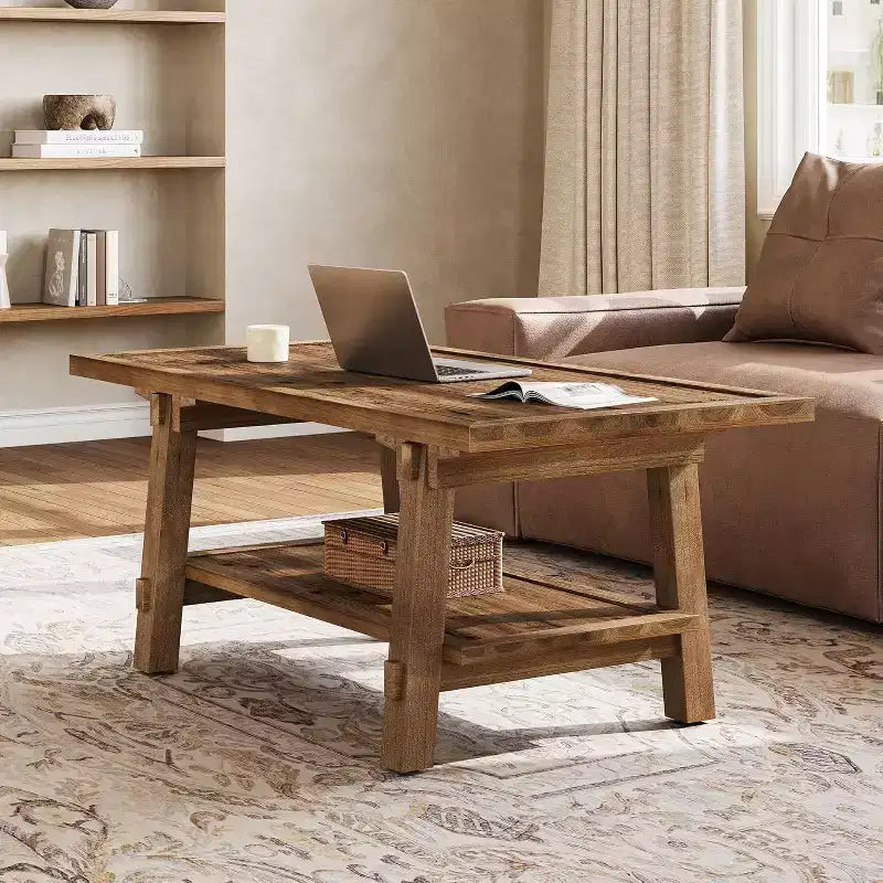 Lantine Solid Wood Coffee Table, 47-Inch Rustic Coffee Table for Living Room, 2-Tier Wood Farmhouse Rectangle Center Table with Storage, Vintage Brown