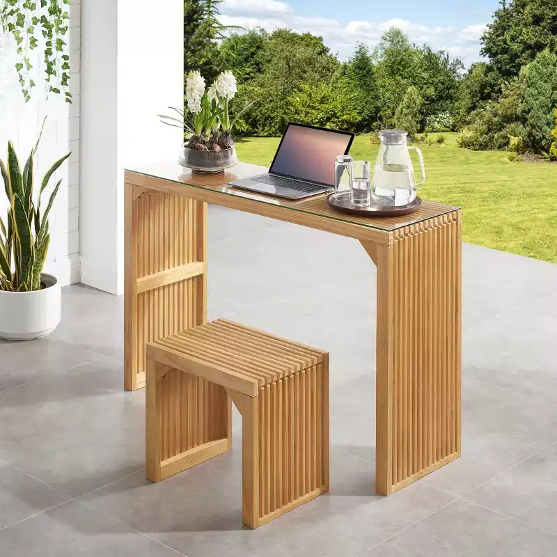 Natural Pine Wood Dining Table & Bench Set with Tempered Glass Top, Versatile Indoor Furniture for Entryway, Kitchen, Living Room
