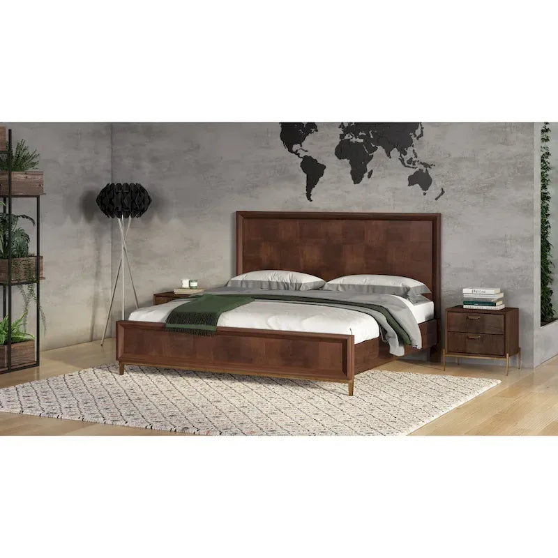 Modern Acacia & Brass Bed | Parquet Patchwork Design | Queen & King | Mango Veneer