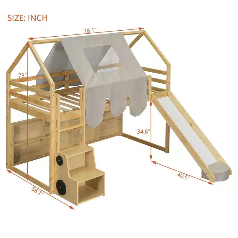 Kids Low House Loft Bed with Slide and Storage Shelves, WoodPlayhouse Loft Bed Frame with Tent & Stairs